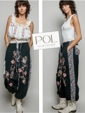 POL Black Wide-Leg Floral Embroidered Boho Pants Sz M, Joggers, New